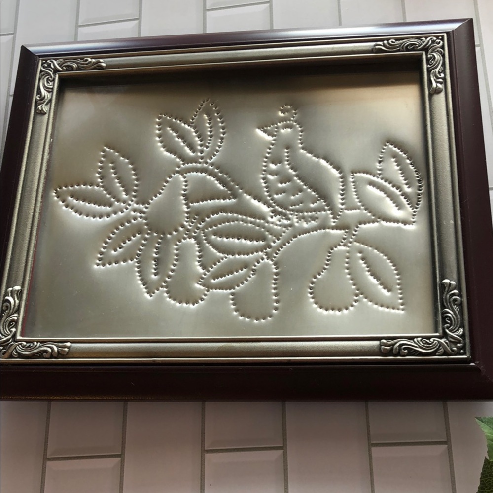 Punched tin Metal Bird Art in Dark Wood Frame